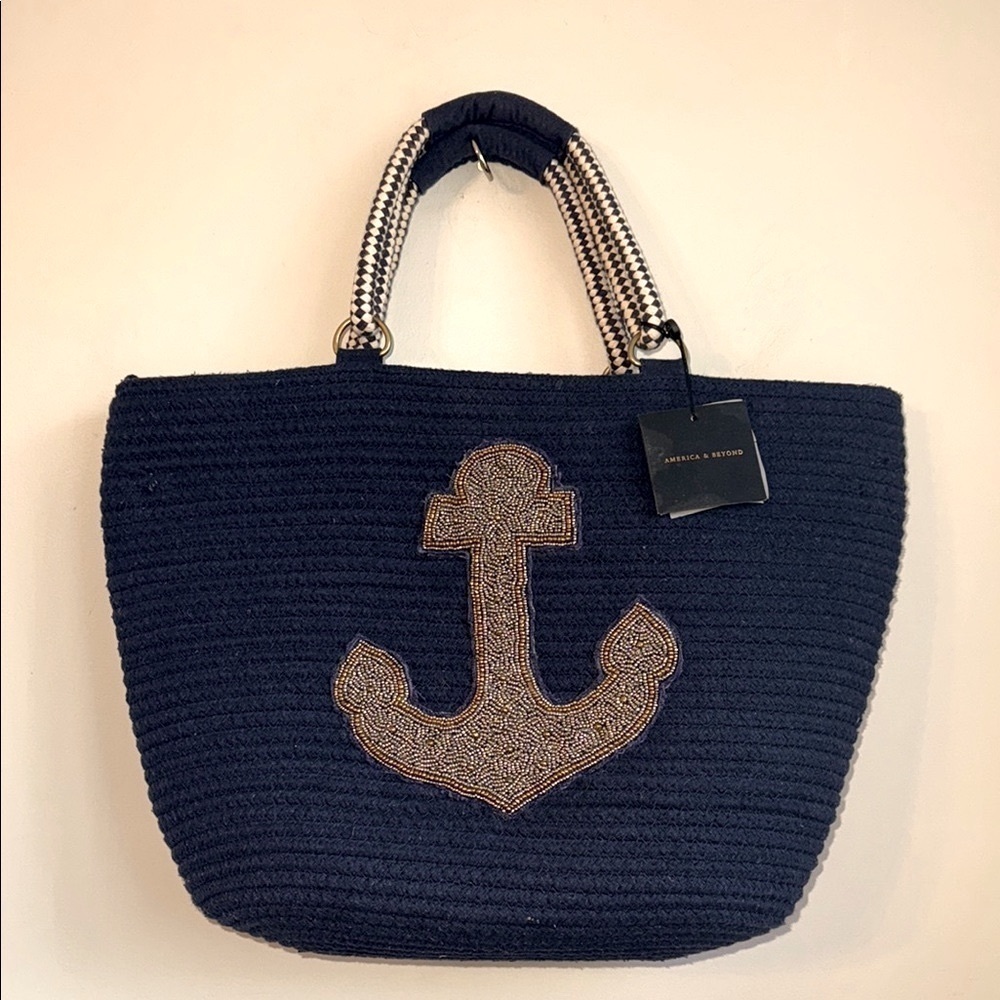 NWT America & Beyond Anchor Embellished Jute Tote w/ Crossbody Strap